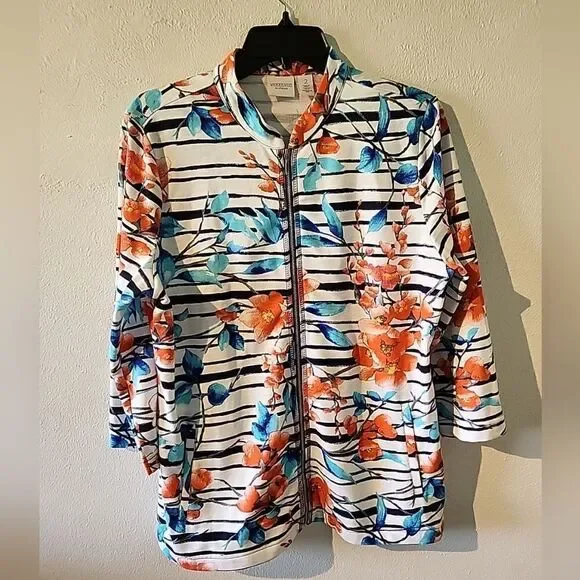 Chico's Weekends Jacket Women's Sz 2 Blue Floral Zip 3/4 Sleeve Beach Colorful - Picture 1 of 5